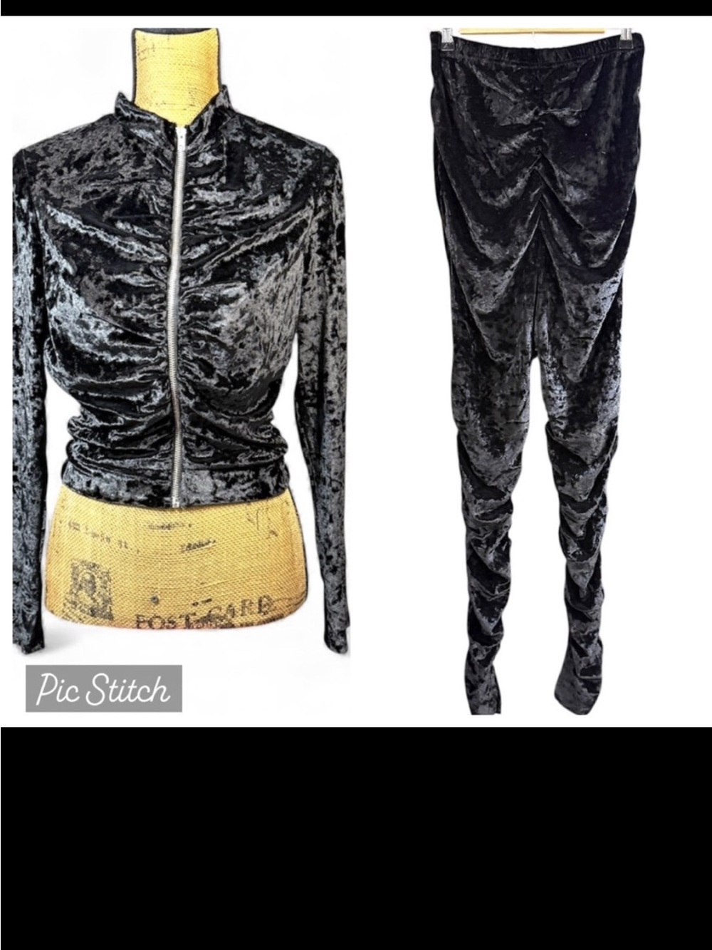 Black velour 2 pc set - full zip jacket & super skinny leggings Women's M | ab4